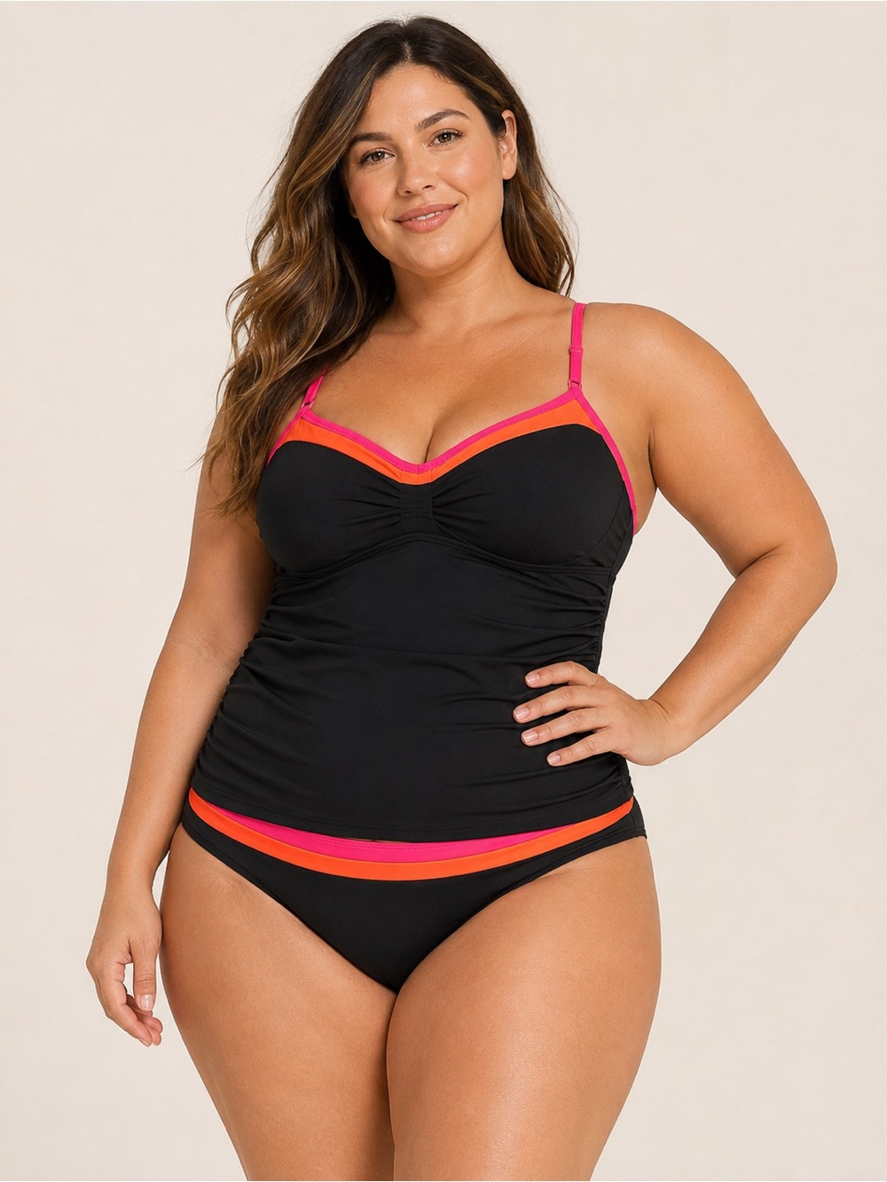Daci Plus Size 20W Black Tankini Swimsuit Pink Orange Trim 2 Piece